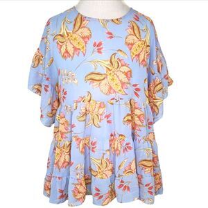 F21 Honstee Blue Floral Tiered Ruffle Flutter Sleeve Babydoll Blouse Size Large
